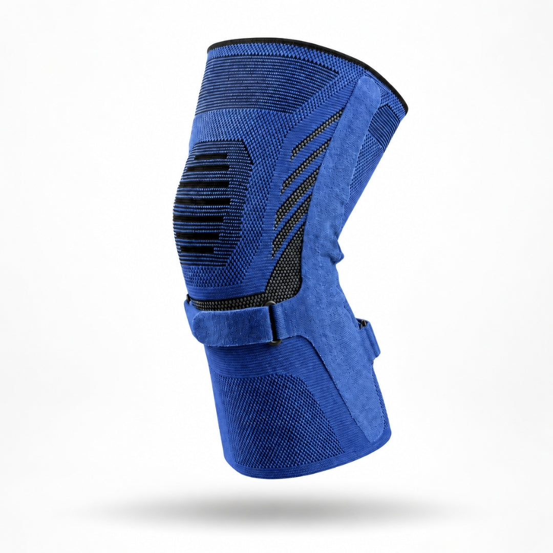 knee sleeve in blue shown from the side with textured knit panels a lateral support strip and adjustable fastening straps