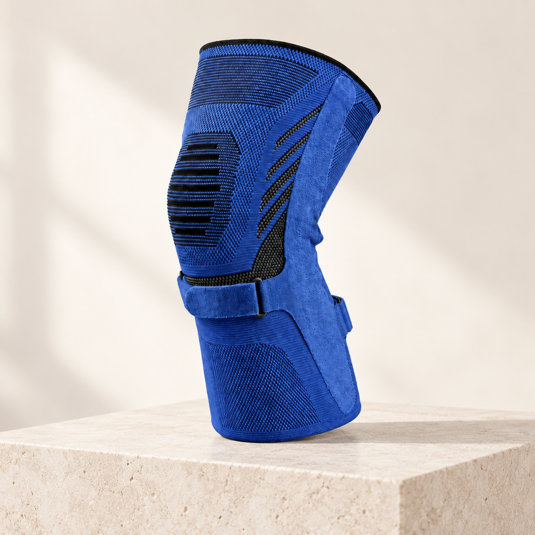 Support that fits into your routine. Blue ActiveKnee compression sleeve showing its knit panels, side strip and adjustable strap