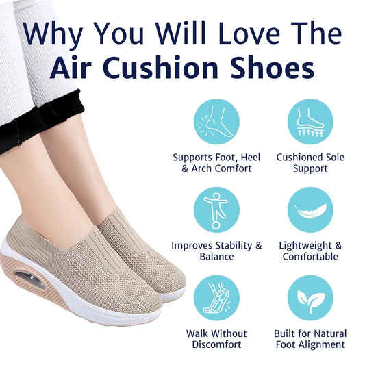 CloudStep Cushioned Comfort Shoes in beige knit with cushioning and support feature icons