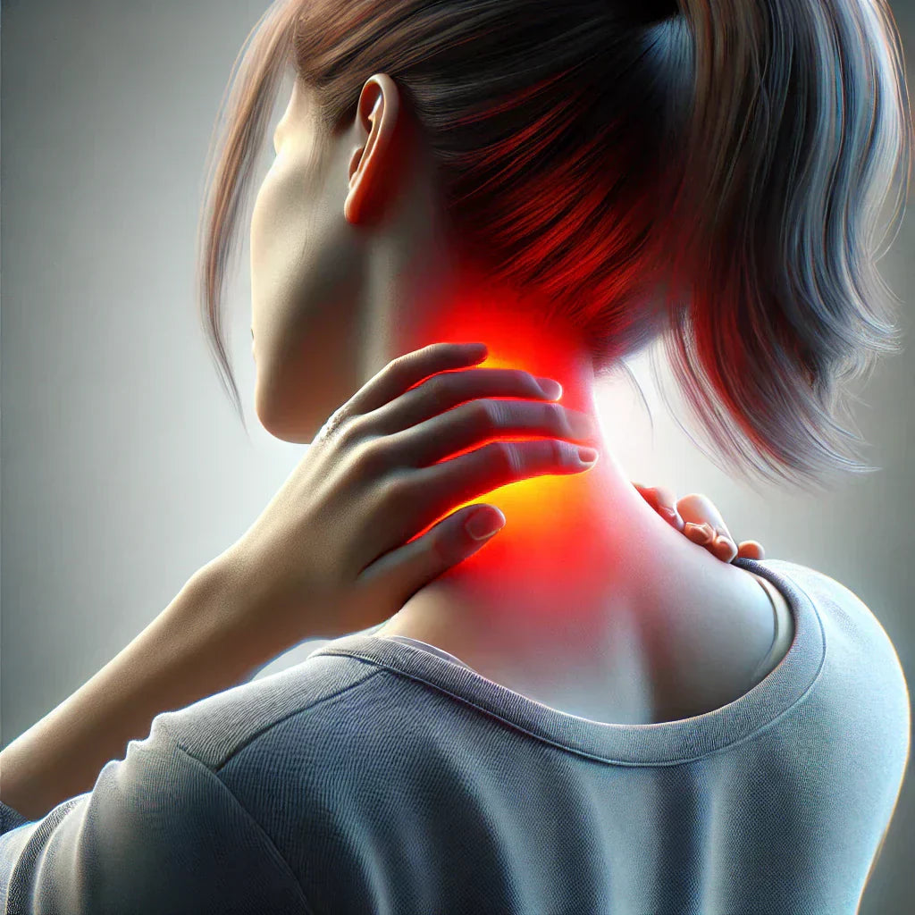 Neck pain illustrated by a red highlighted area as a woman holds the back of her neck and upper shoulder.