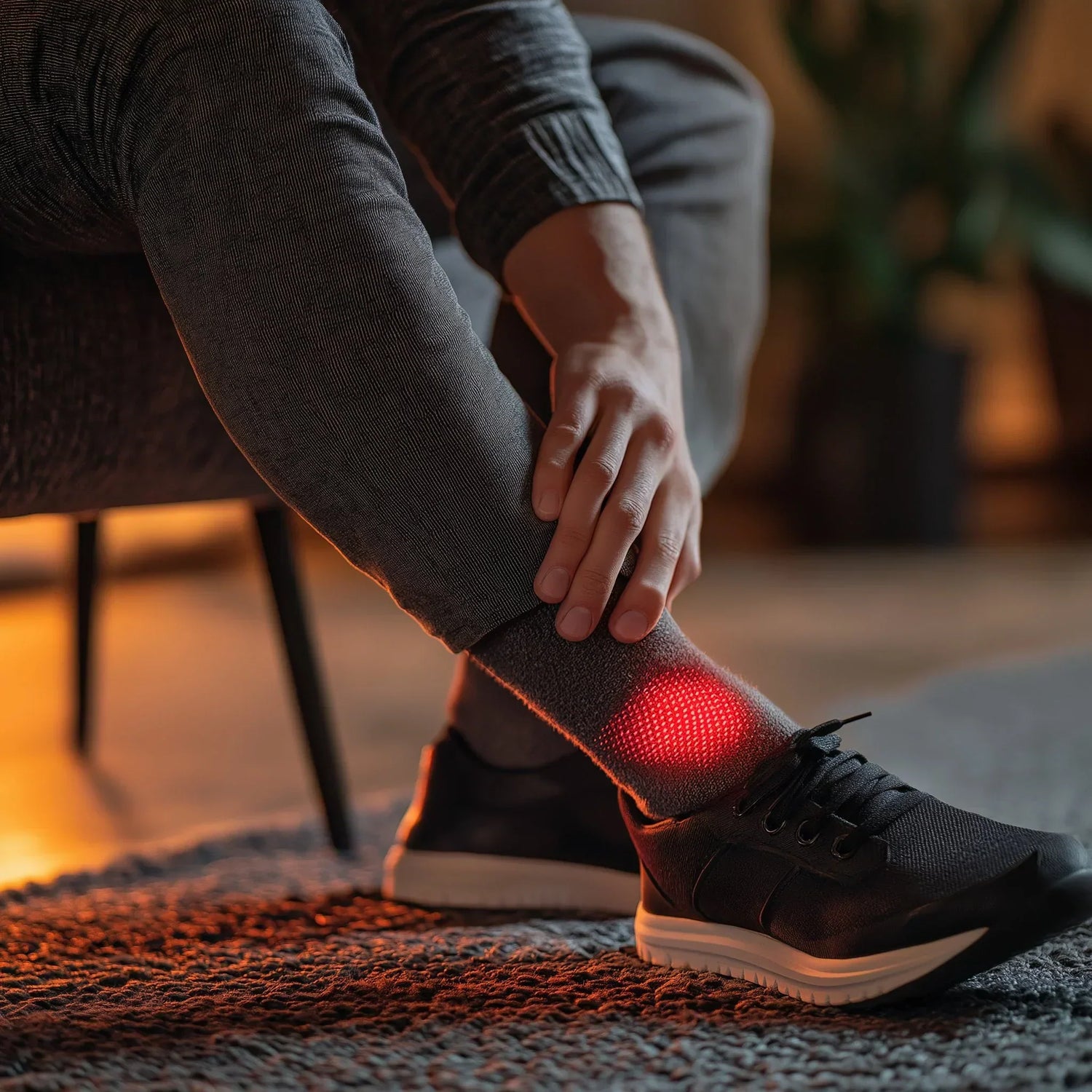 Ankle pain illustrated by a red highlighted area as a person holds the lower leg above a black shoe.