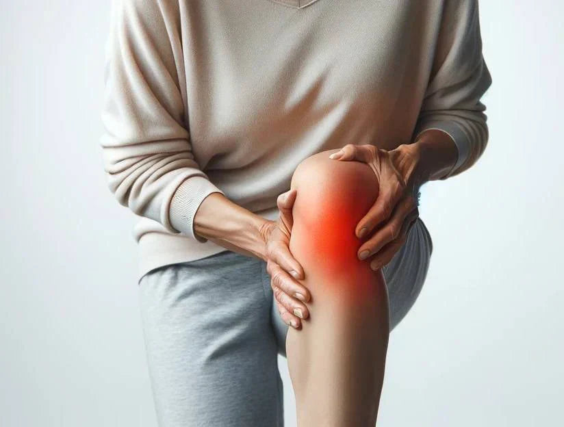 Knee pain illustrated by a red highlighted area as a person holds the front and side of the knee.