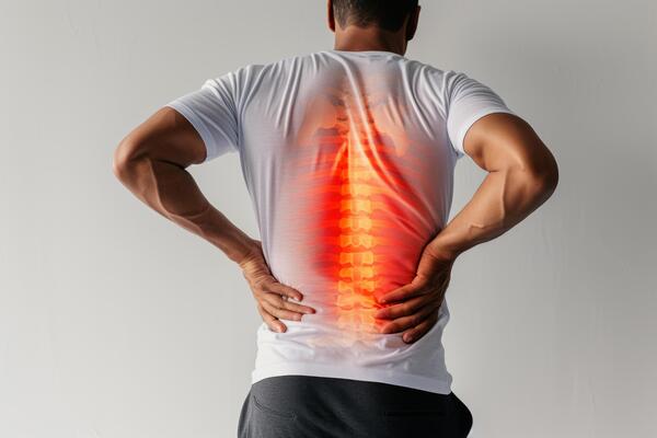 Back pain illustrated by a red highlighted spine as a man holds both sides of his lower back.