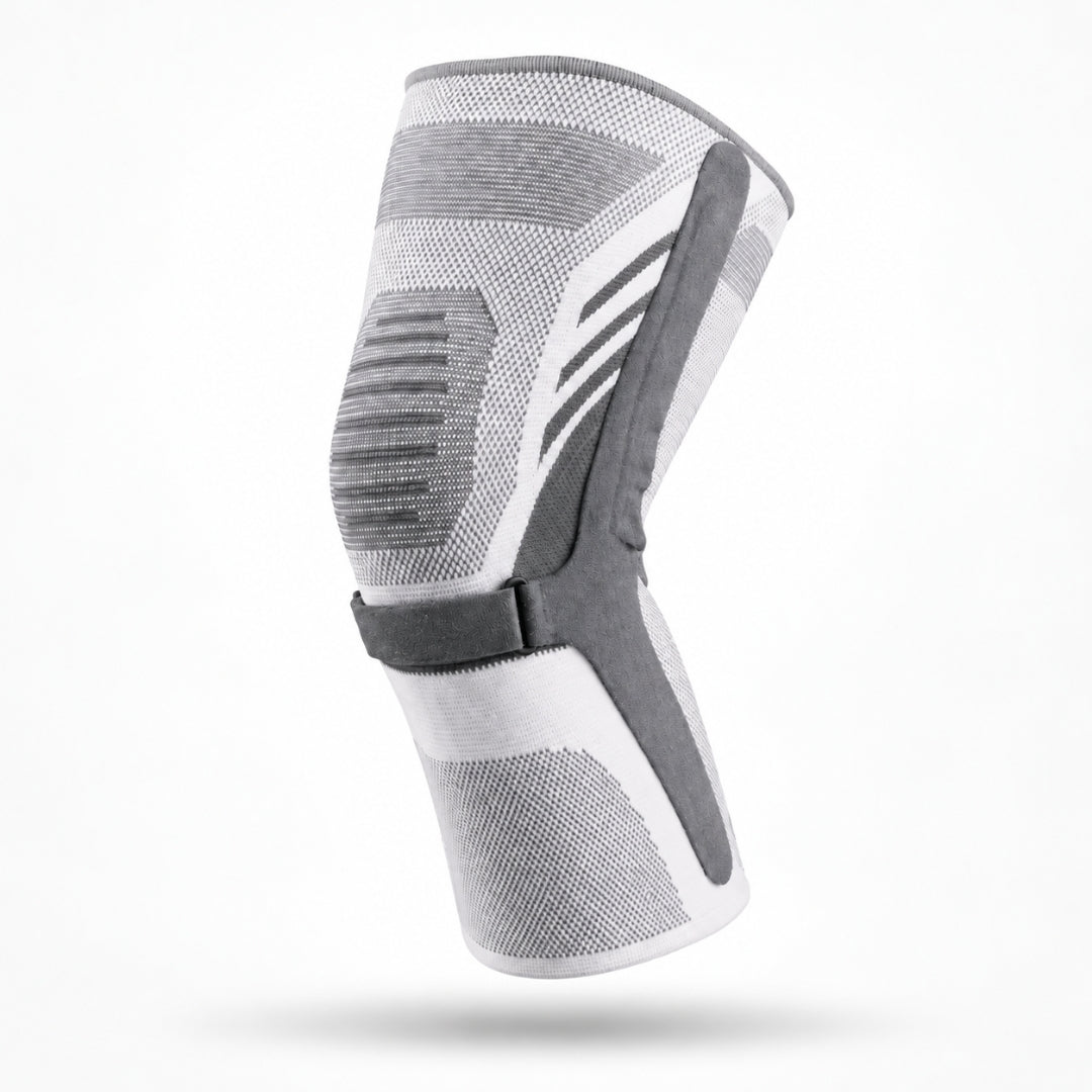 knee sleeve shown in gray and white with a side support strip and adjustable strap