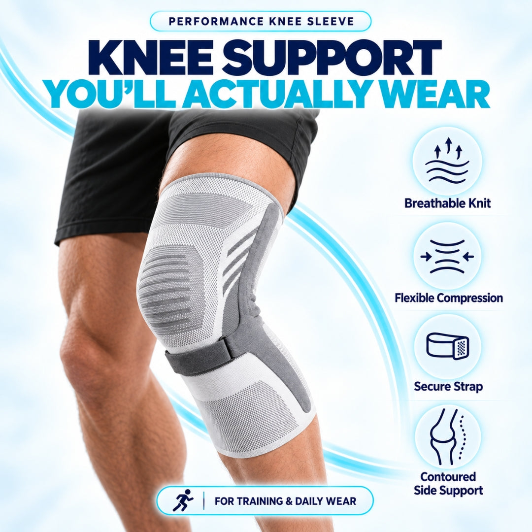 knee sleeve worn on a bent leg with breathable knit panels an adjustable strap and contoured side support