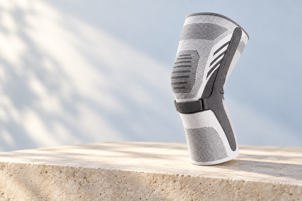 ActiveKnee white and gray compression sleeve on a pale stone surface