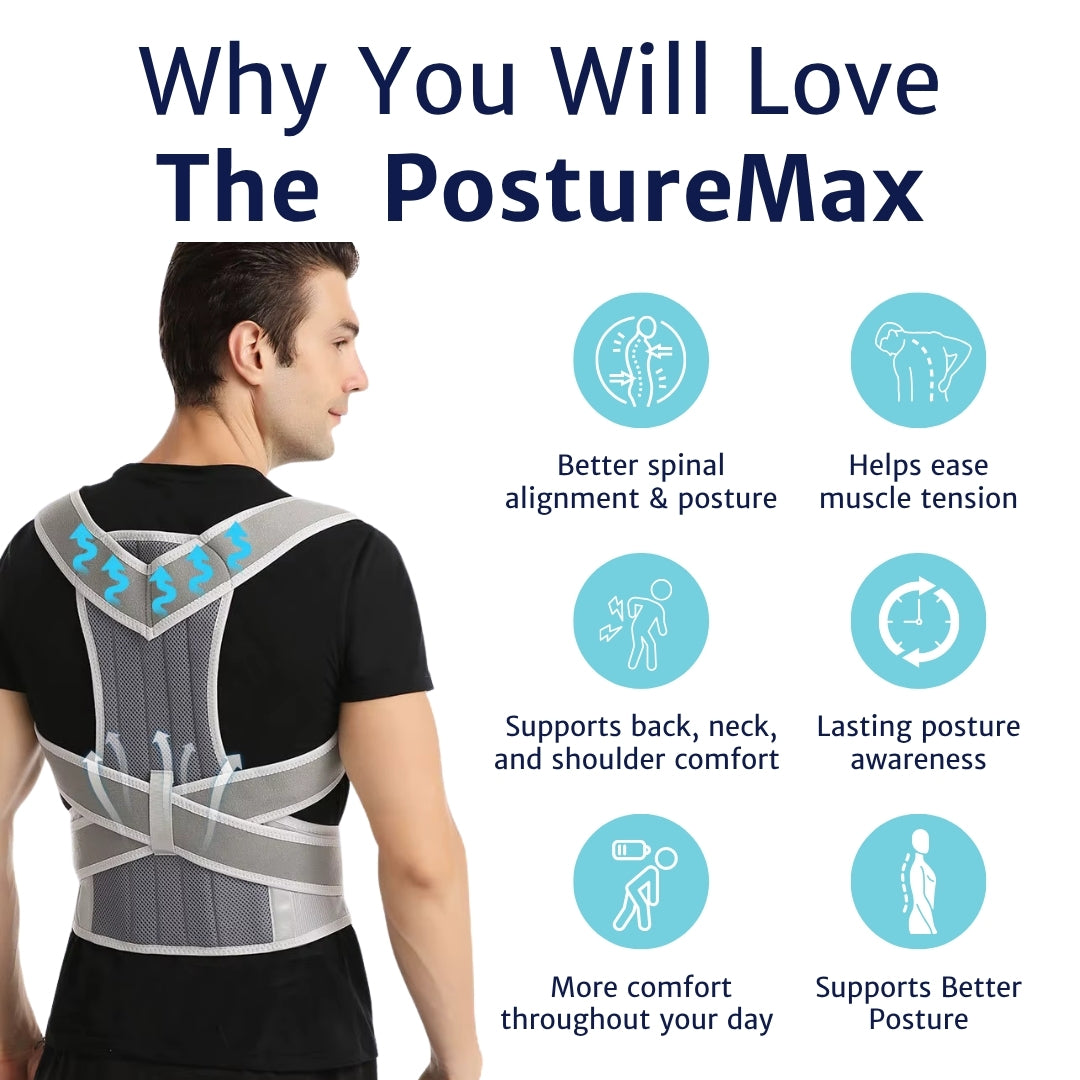 BackEase Posture Support worn by a man, rear view, with comfort feature icons