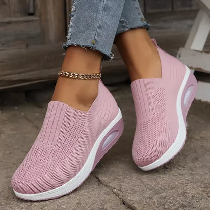 CloudStep Orthopedic Comfort Shoes in pink knit, worn with cropped jeans