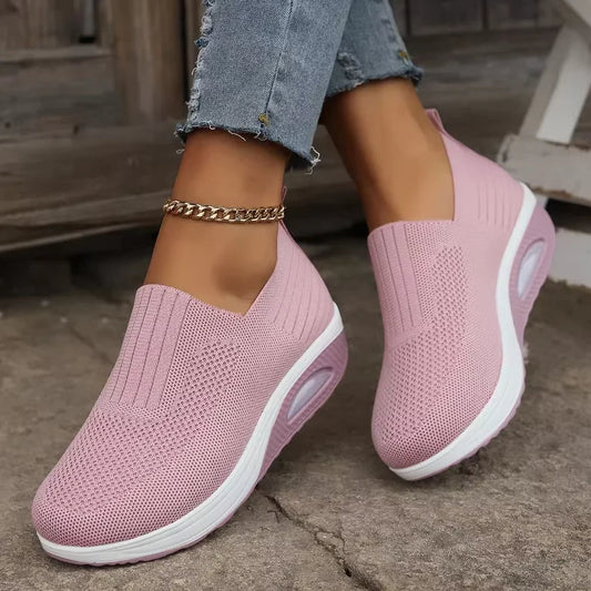 CloudStep Cushioned Comfort Shoes in pink knit, worn with cropped jeans