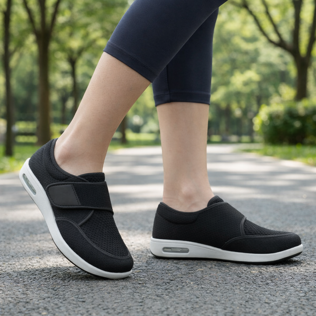 StrideEase Cushioned Walking Shoes in black with wide straps, mesh toe panels and white soles