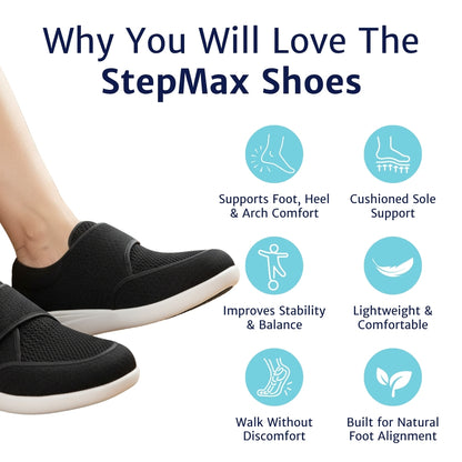 StrideEase Cushioned Walking Shoes on foot with arch comfort and support feature icons