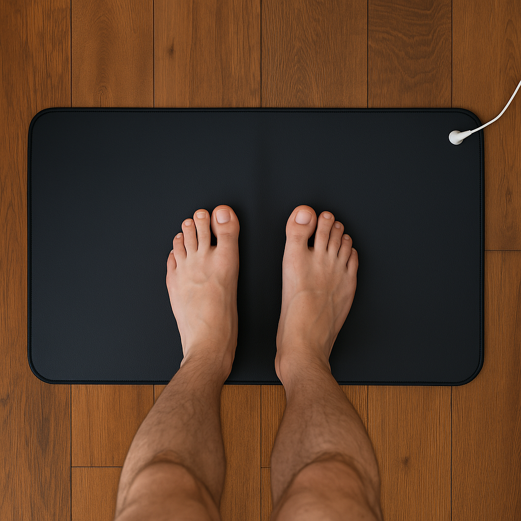 TerraCalm Grounding Mat under bare feet on a wooden floor with cord visible